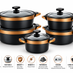 Angela 10-Piece Black Non-Stick Casserole Set with Glass Lids and Gold Accents MS Department Store Oman