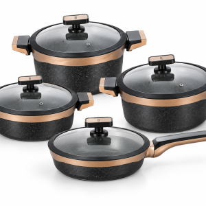 Angela8-Piece Black Cookware Set with Glass Lids and Rose Gold Accents (20-28-24-24 cm) MS Department Store Oman