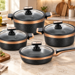 Angela8-Piece Black Cookware Set with Glass Lids and Rose Gold Accents (20-28-24-24 cm) MS Department Store Oman
