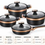 Angela8-Piece Black Cookware Set with Glass Lids and Rose Gold Accents (20-28-24-24 cm) MS Department Store Oman