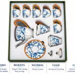 Angela Blue and White Floral Ceramic Tea Set with Bamboo-Style Handles 17 Pcs MS Department Store Oman