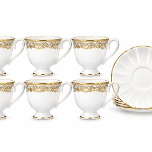 Angela 12-Piece Elegant White Porcelain Tea Cup and Saucer Set with Gold Floral Design – 6 Cups & 6 Saucers