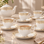 Angela 12-Piece Elegant White Porcelain Tea Cup and Saucer Set with Gold Floral Design – 6 Cups & 6 Saucers