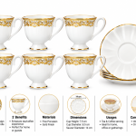 Angela 12-Piece Elegant White Porcelain Tea Cup and Saucer Set with Gold Floral Design – 6 Cups & 6 Saucers