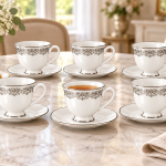 Angela White Ceramic Tea Cup and Saucer Set with Silver Floral Design MS Department Store Oman