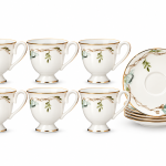 Angela 12-Piece Elegant White Porcelain Tea Cup and Saucer Set with Delicate Floral Design and Gold Trim – 6 Cups & 6 Saucers