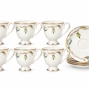 Angela 12-Piece Elegant White Porcelain Tea Cup and Saucer Set with Delicate Floral Design and Gold Trim – 6 Cups & 6 Saucers