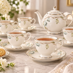 Angela 12-Piece Elegant White Porcelain Tea Cup and Saucer Set with Delicate Floral Design and Gold Trim – 6 Cups & 6 Saucers