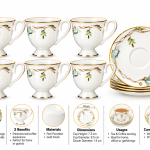 Angela 12-Piece Elegant White Porcelain Tea Cup and Saucer Set with Delicate Floral Design and Gold Trim – 6 Cups & 6 Saucers