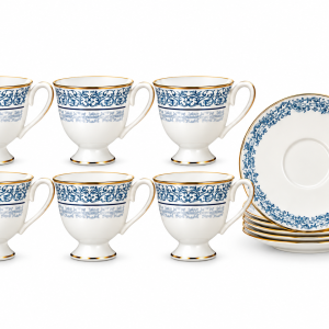 Angela Blue & White Porcelain Tea Cup and Saucer Set with Gold Trim