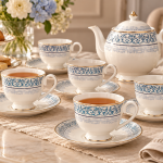 Angela Blue & White Porcelain Tea Cup and Saucer Set with Gold Trim