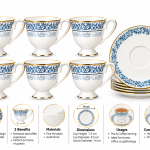 Angela Blue & White Porcelain Tea Cup and Saucer Set with Gold Trim