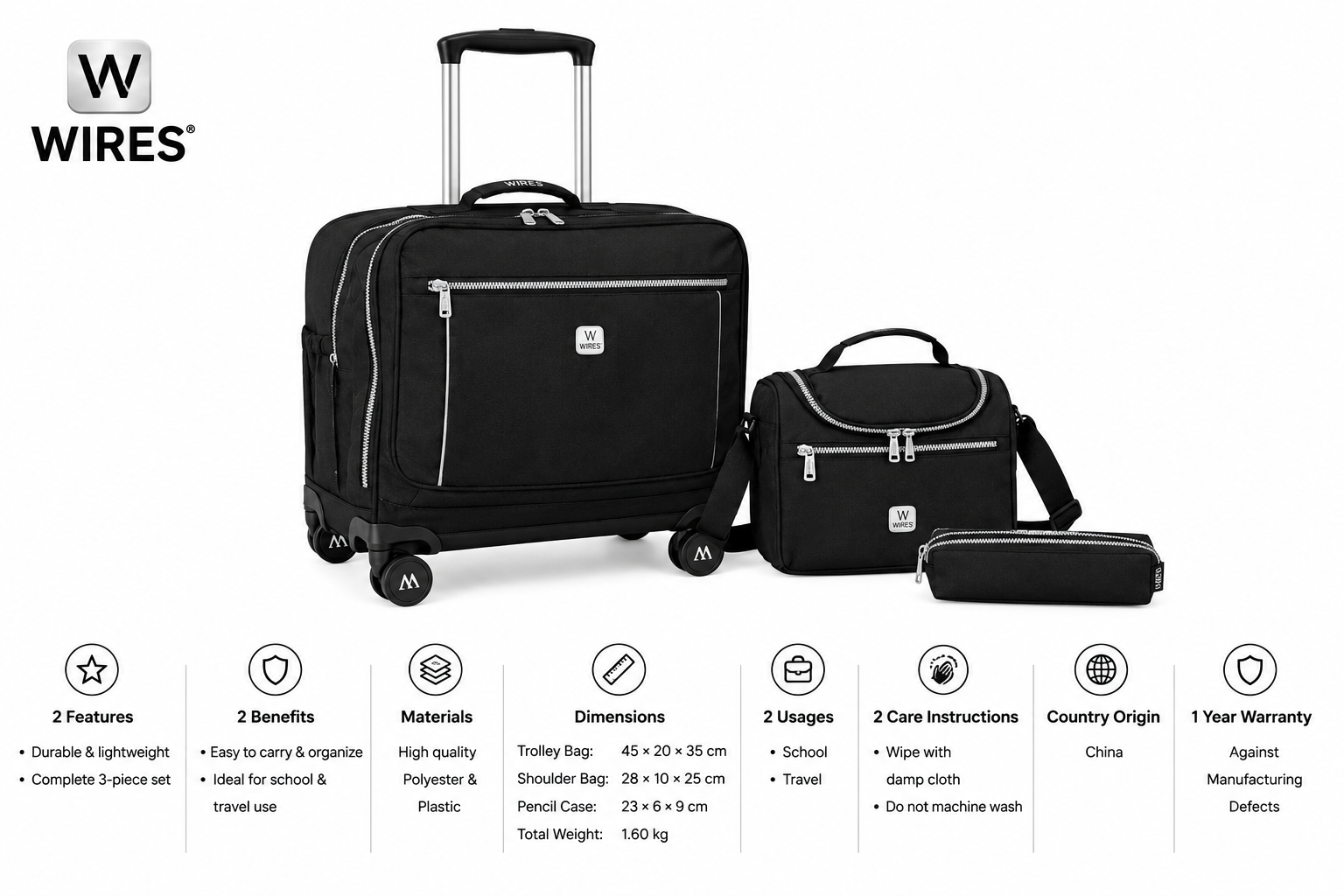 WIRES & WHEELS TROLLEY WITH LUNCH BAG + PENCIL CASE + LUNCH BOX BLACK MS Department Store Oman