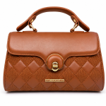 ANGELPOLO Cognac Brown Quilted Top-Handle Satchel with Turn-Lock Closure