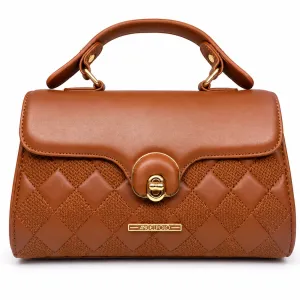 ANGELPOLO Cognac Brown Quilted Top-Handle Satchel with Turn-Lock Closure