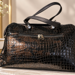 Sat Fat Black Glossy Crocodile-Embossed Handbag with Double Handles and Front Zipper Pocket