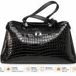 Sat Fat Black Glossy Crocodile-Embossed Handbag with Double Handles and Front Zipper Pocket