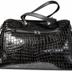 Sat Fat Black Glossy Crocodile-Embossed Handbag with Double Handles and Front Zipper Pocket