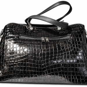 Sat Fat Black Glossy Crocodile-Embossed Handbag with Double Handles and Front Zipper Pocket
