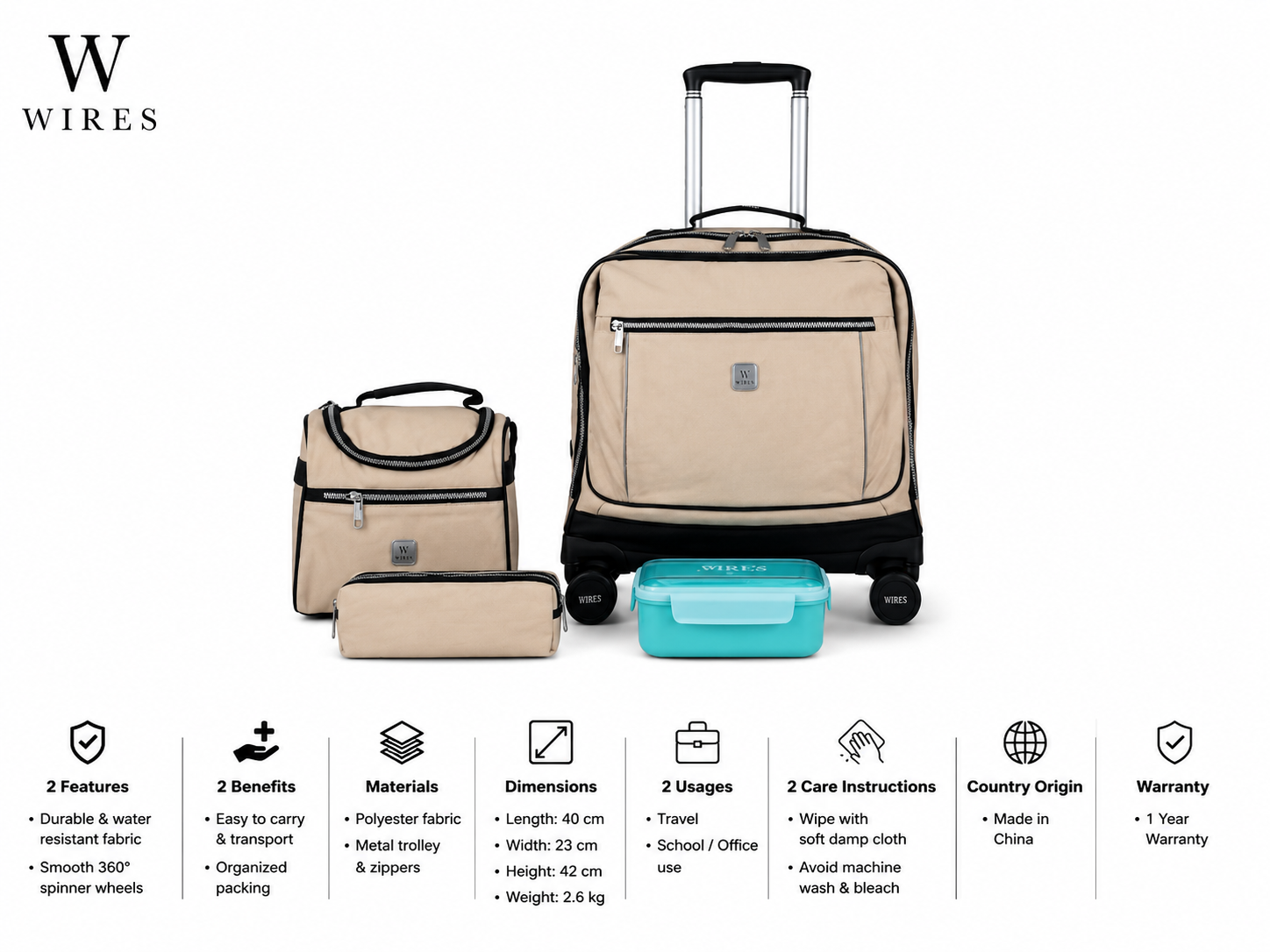 WIRES & WHEELS TROLLEY WITH LUNCH BAG + PENCIL CASE + LUNCH BOX BEIG COLOR MS Department Store Oman