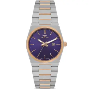 Ferro Women's Two-Tone Stainless Steel Analog Watch with Blue Dial & Date Display MS Department Store Oman