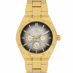 Ferro Men's Gold Stainless Steel Multifunction Analog Watch with Black Textured Dial MS Department Store Oman