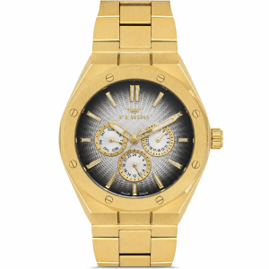 Ferro Men's Gold Stainless Steel Multifunction Analog Watch with Black Textured Dial MS Department Store Oman
