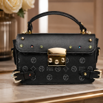 SAT FAT Black Monogram Top-Handle Satchel with Gem-Studded Flap & Gold Lock