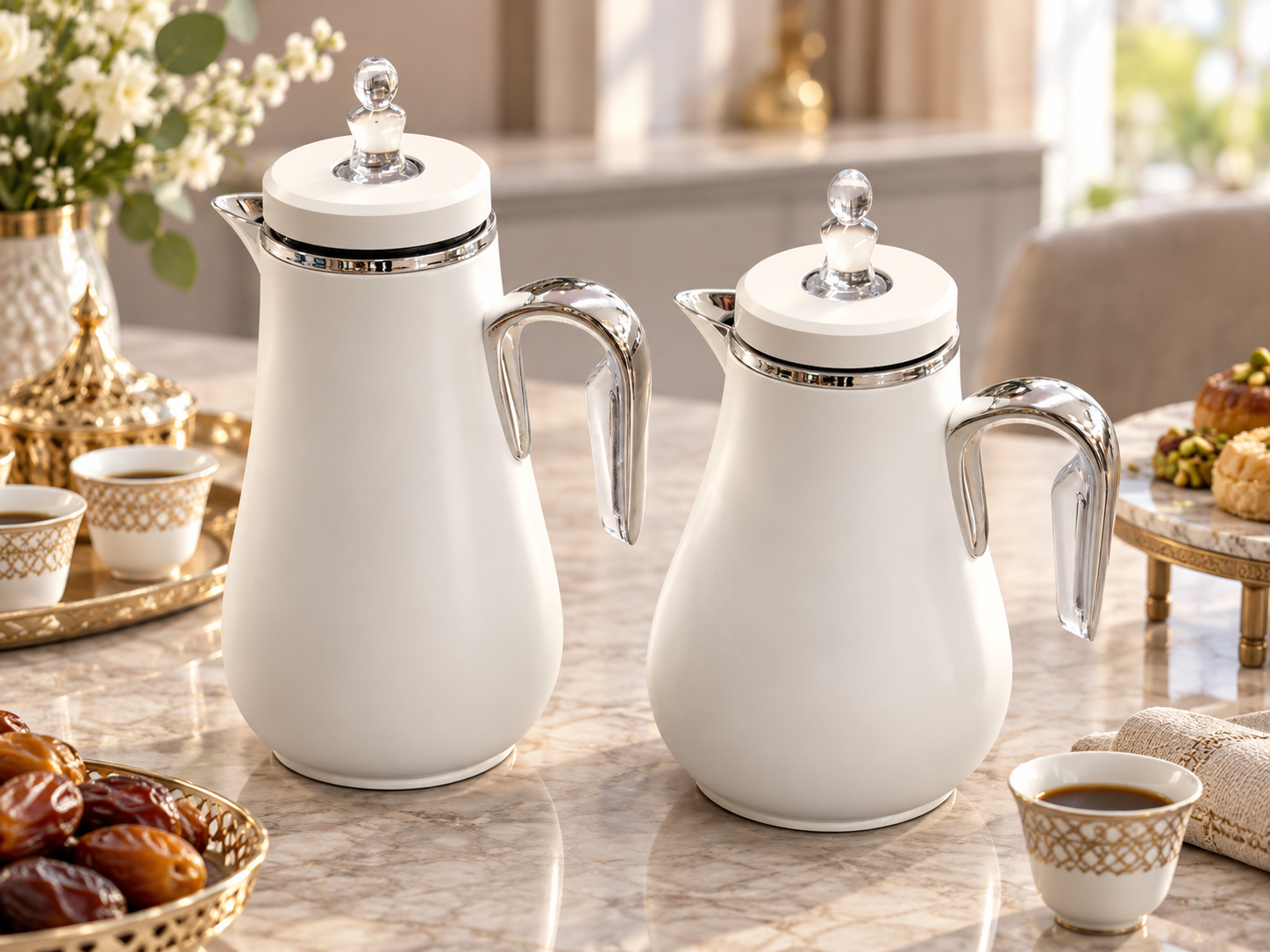 Crystal House Set Of 2Pcs Vacuum Flask 1.0L & 0.700L White+Silver 1×6