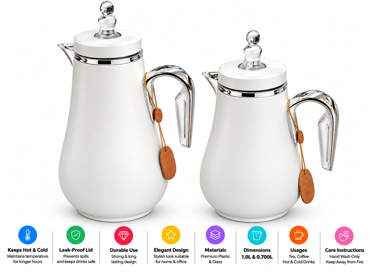 Crystal House Set Of 2Pcs Vacuum Flask 1.0L & 0.700L White+Silver 1×6