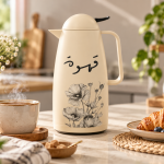 Crystal House Floral Vacuum Flask With Arabic Calligraphy And Black Accents- Beige J1×12