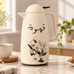 Crystal House Floral Vacuum Flask With Arabic Calligraphy And Black Accents - Beige )1×12