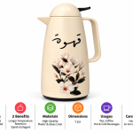 Crystal House Floral Vacuum Flask With Arabic Calligraphy And Black Accents - Beige )1×12