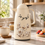Crystal House Floral Vacuum Flask With Arabic Calligraphy And Black Accents - Beige J1×12