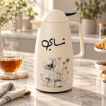 Crystal House Floral Vacuum Flask With Arabic Calligraphy And Black Accents - Beige J1×12