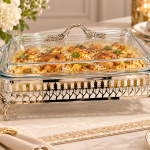 Angela Luxury Rectangular Glass Buffet Food Warmer with Decorative Silver-Tone Metal Stand, Glass Lid and Ornate Handles