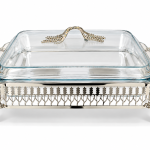 Angela Luxury Rectangular Glass Buffet Food Warmer with Decorative Silver-Tone Metal Stand, Glass Lid and Ornate Handles