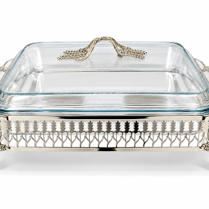 Angela Luxury Rectangular Glass Buffet Food Warmer with Decorative Silver-Tone Metal Stand, Glass Lid and Ornate Handles