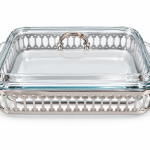 Angela Luxury Rectangular Glass Buffet Food Warmer with Silver-Tone Decorative Metal Stand, Glass Lid and Side Handles