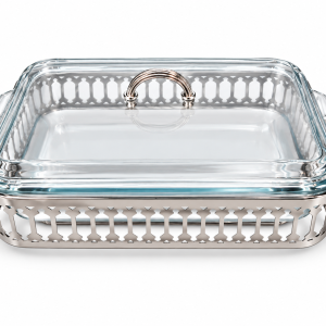 Angela Luxury Rectangular Glass Buffet Food Warmer with Silver-Tone Decorative Metal Stand, Glass Lid and Side Handles