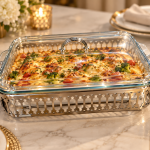 Angela Luxury Rectangular Glass Buffet Food Warmer with Silver-Tone Decorative Metal Stand, Glass Lid and Side Handles