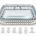 Angela Luxury Rectangular Glass Buffet Food Warmer with Silver-Tone Decorative Metal Stand, Glass Lid and Side Handles