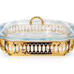Angela Luxury Rectangular Glass Buffet Food Warmer with Decorative Gold-Tone Metal Stand, Glass Lid and Side Handles