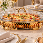 Angela Luxury Rectangular Glass Buffet Food Warmer with Decorative Gold-Tone Metal Stand, Glass Lid and Side Handles