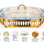 Angela Luxury Rectangular Glass Buffet Food Warmer with Decorative Gold-Tone Metal Stand, Glass Lid and Side Handles