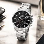 Ferro Men's Stainless Steel Chronograph Analog Watch with Black Dial & Date Display MS Department Store Oman