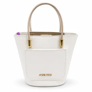 ANGEL POLO White Leatherette Bucket Tote Bag with Front Pocket