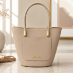 ANGEL POLO Beige Nude Leatherette Bucket Tote Bag with Front Pocket