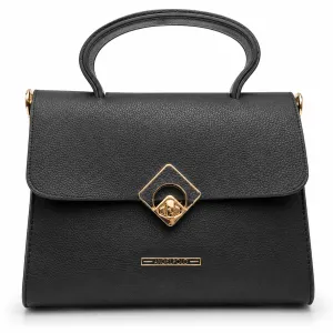 ANGELPOLO Classic Black Textured Top-Handle Satchel with Diamond Lock