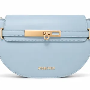 ANGEL POLO Light Blue Half-Moon Crossbody Bag with Gold Bar Hardware